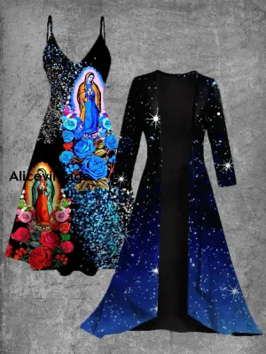 Virgen Maria Art Print Vintage Elegant Slip Dress Two Piece Sets