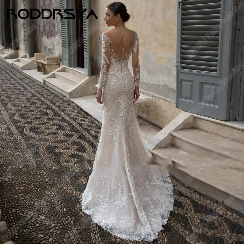 Wedding Guest Dresses: Mermaid Wedding Dress Elegant Long Sleeve Tulle Bridal Gowns
