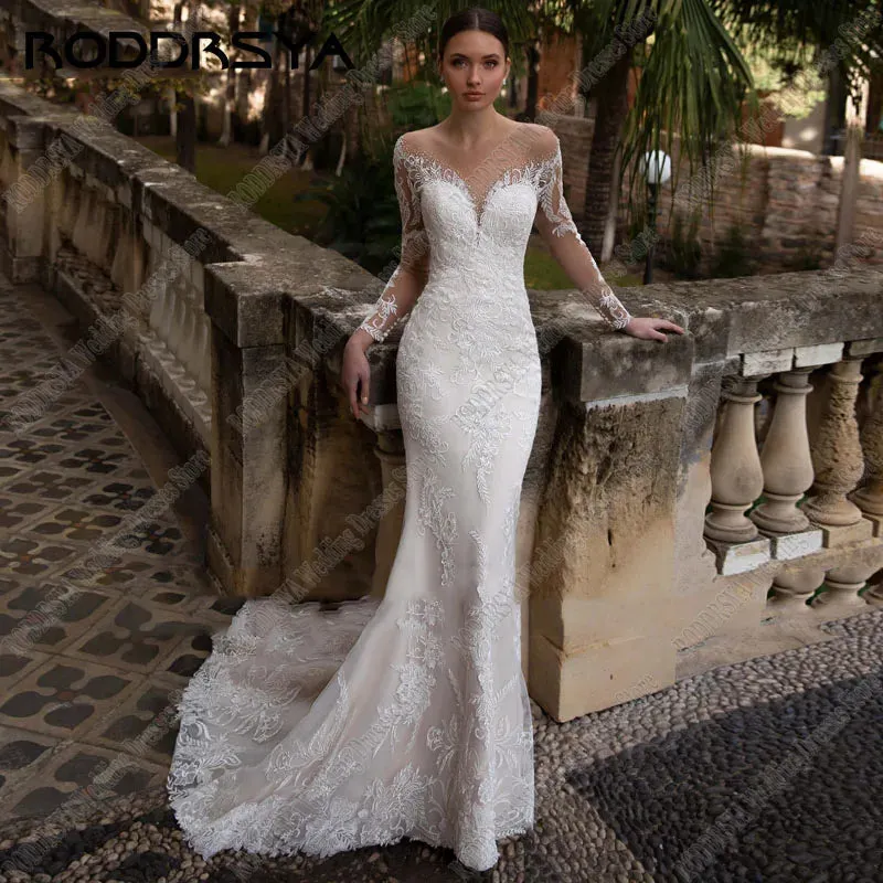 Wedding Guest Dresses: Mermaid Wedding Dress Elegant Long Sleeve Tulle Bridal Gowns