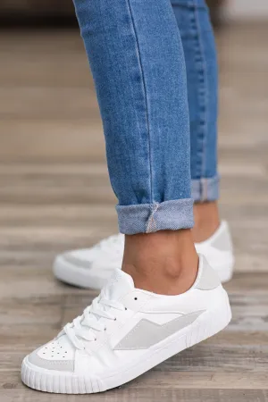 White and Grey Faux Suede Detail Sneakers