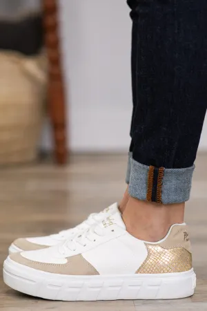White and Tan Colorblock Platform Sneakers