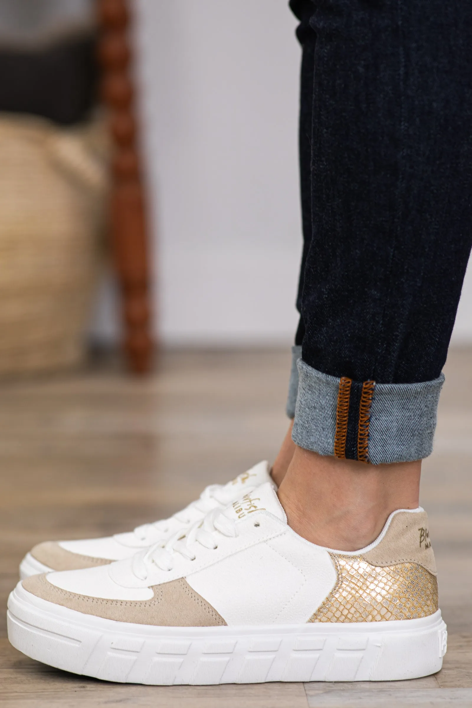 White and Tan Colorblock Platform Sneakers