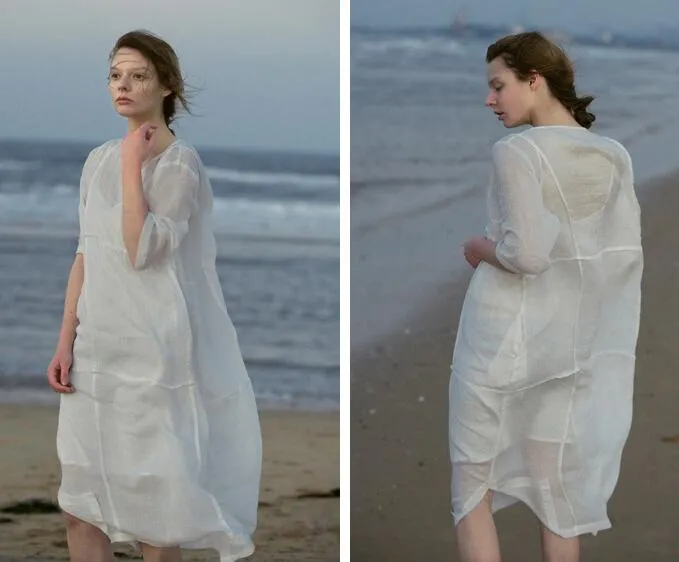 White Summer Linen Women Dresses Short Sleeves Women Dresses XH9665
