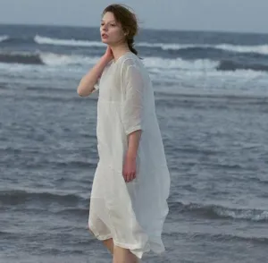 White Summer Linen Women Dresses Short Sleeves Women Dresses XH9665