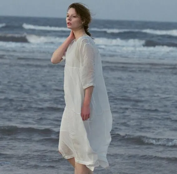 White Summer Linen Women Dresses Short Sleeves Women Dresses XH9665
