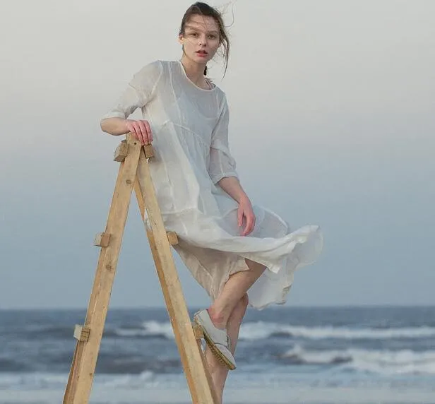 White Summer Linen Women Dresses Short Sleeves Women Dresses XH9665