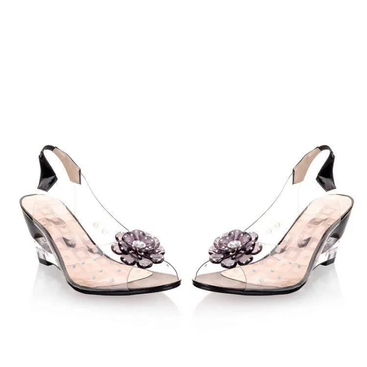 Women's Clear Crystal Wedge Sandals Peep Toe Glitter Flower Platform High Heel Dress Sandal