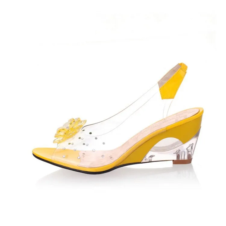 Women's Clear Crystal Wedge Sandals Peep Toe Glitter Flower Platform High Heel Dress Sandal