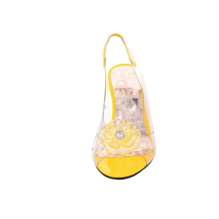 Women's Clear Crystal Wedge Sandals Peep Toe Glitter Flower Platform High Heel Dress Sandal