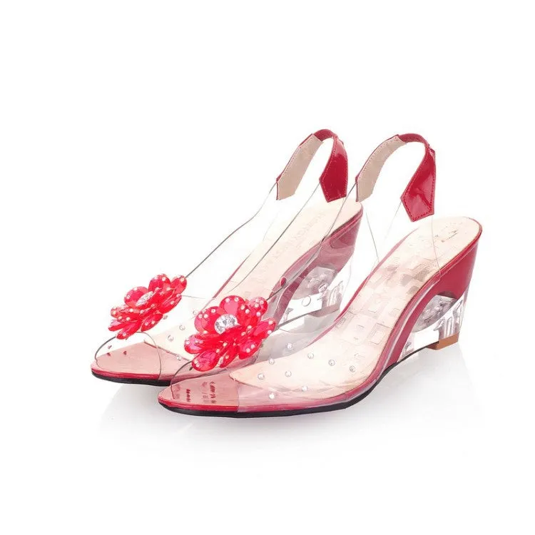 Women's Clear Crystal Wedge Sandals Peep Toe Glitter Flower Platform High Heel Dress Sandal