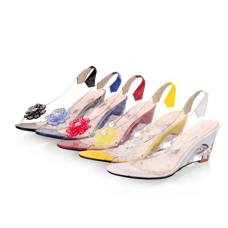 Women's Clear Crystal Wedge Sandals Peep Toe Glitter Flower Platform High Heel Dress Sandal